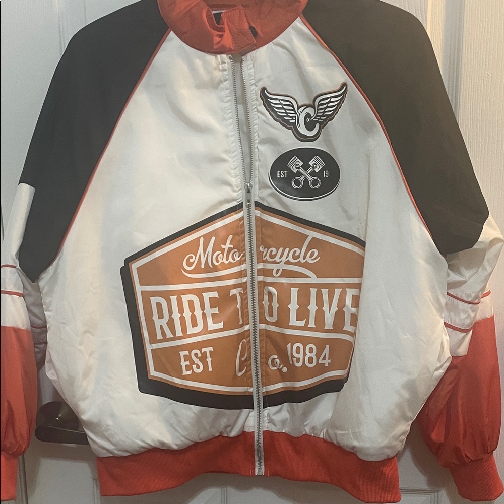Missguided White and Orange Motorcycle Jacket